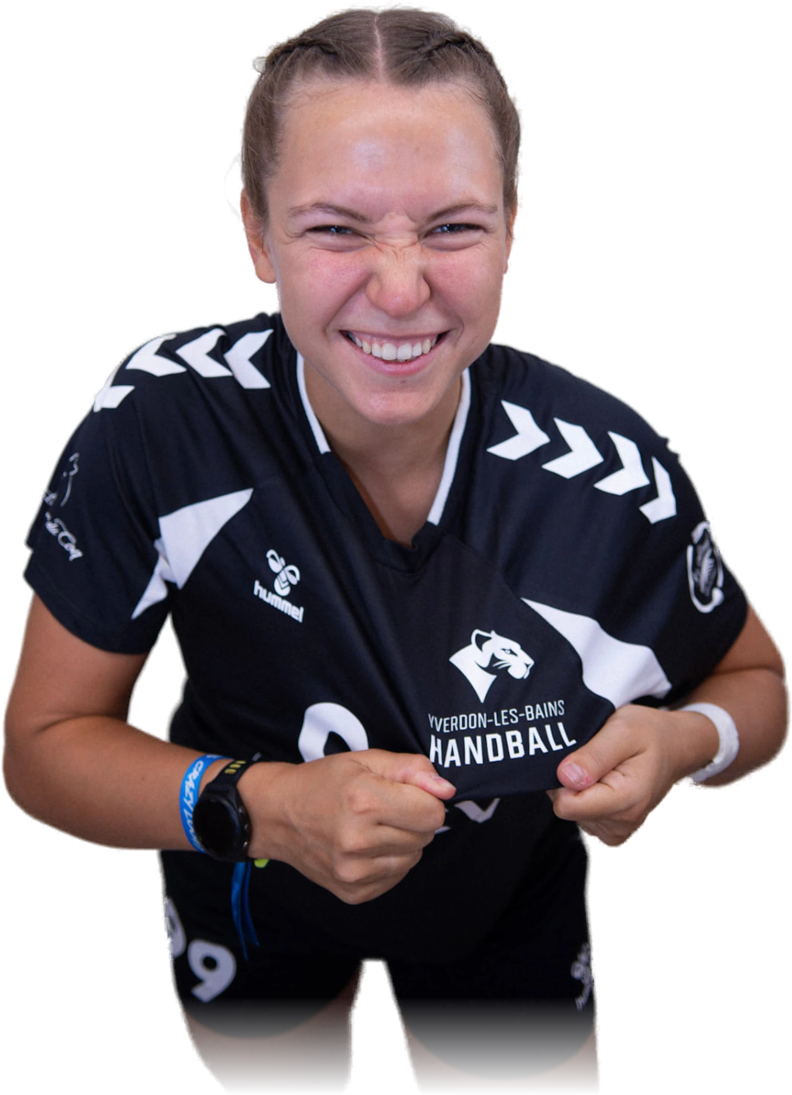 Joueuse de l'équipe Dames de l'US Yverdon Handball, poings serrés après un but.