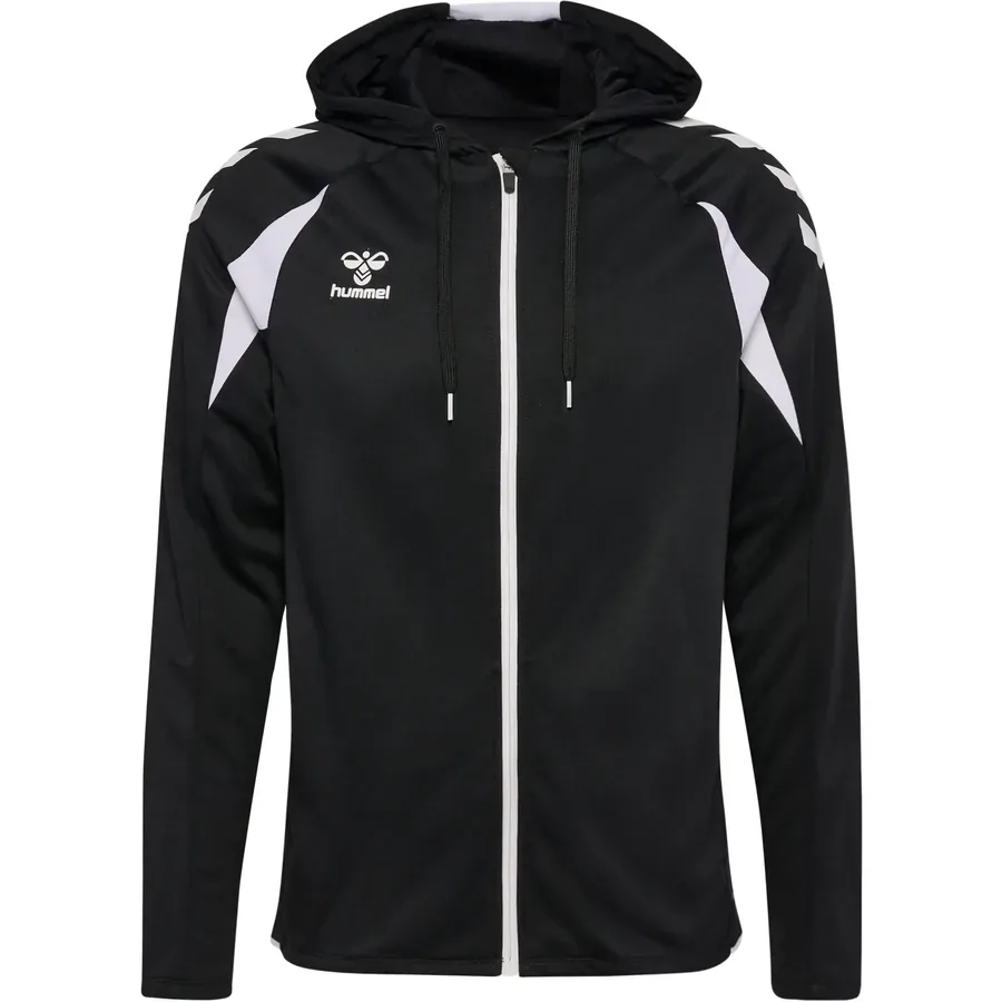 Veste à capuche zippée hummel HMLCORE 2.0 noire de l'US Yverdon Handball, capuche doublée et poches latérales, vue de face — coupes disponibles : Homme, Femme, Enfant